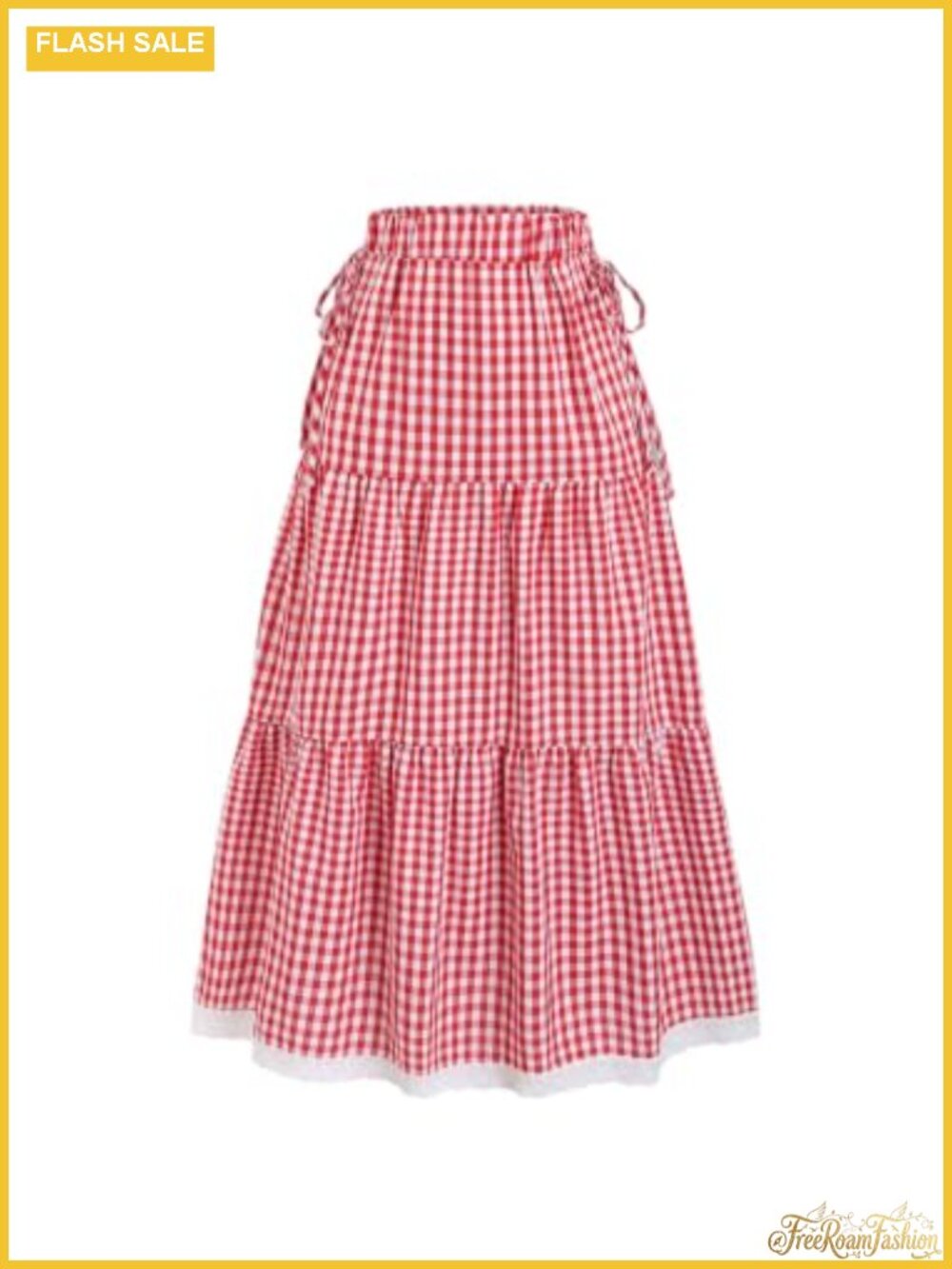 Womens Gingham Lace Trim Ruffle Maxi Skirt High Waist Flowy Cottagecore